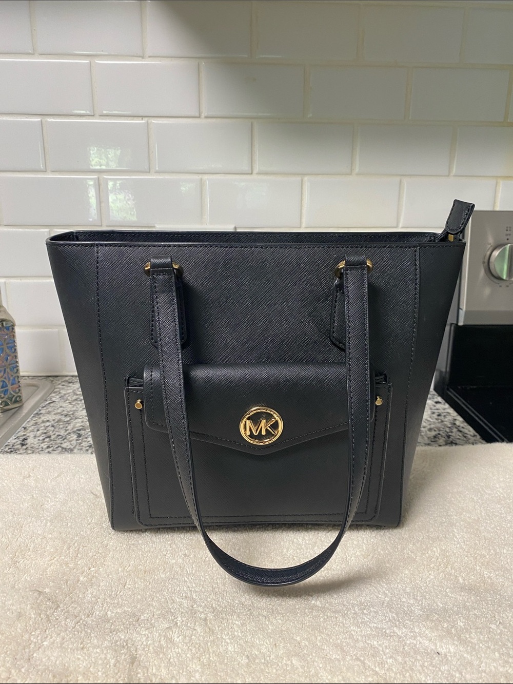 Michael Kors Black Saffiano Tote with Gold MK Emblem